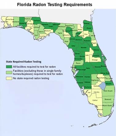 Map of EPA radon zones across Florida counties.